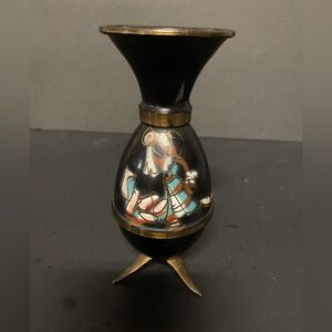 Vintage Brass Enamel Hand Painted Ornate 6” Vase Israel